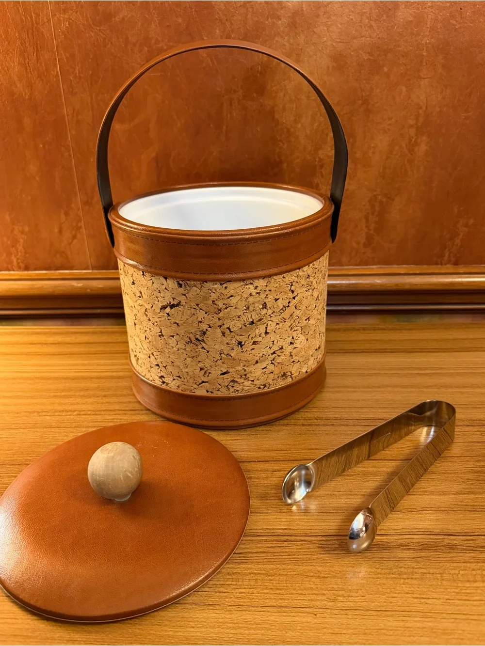 Vintage Mid Century Modern Cork Ice Bucket Faux Leather MCM Barware Tongs Set
